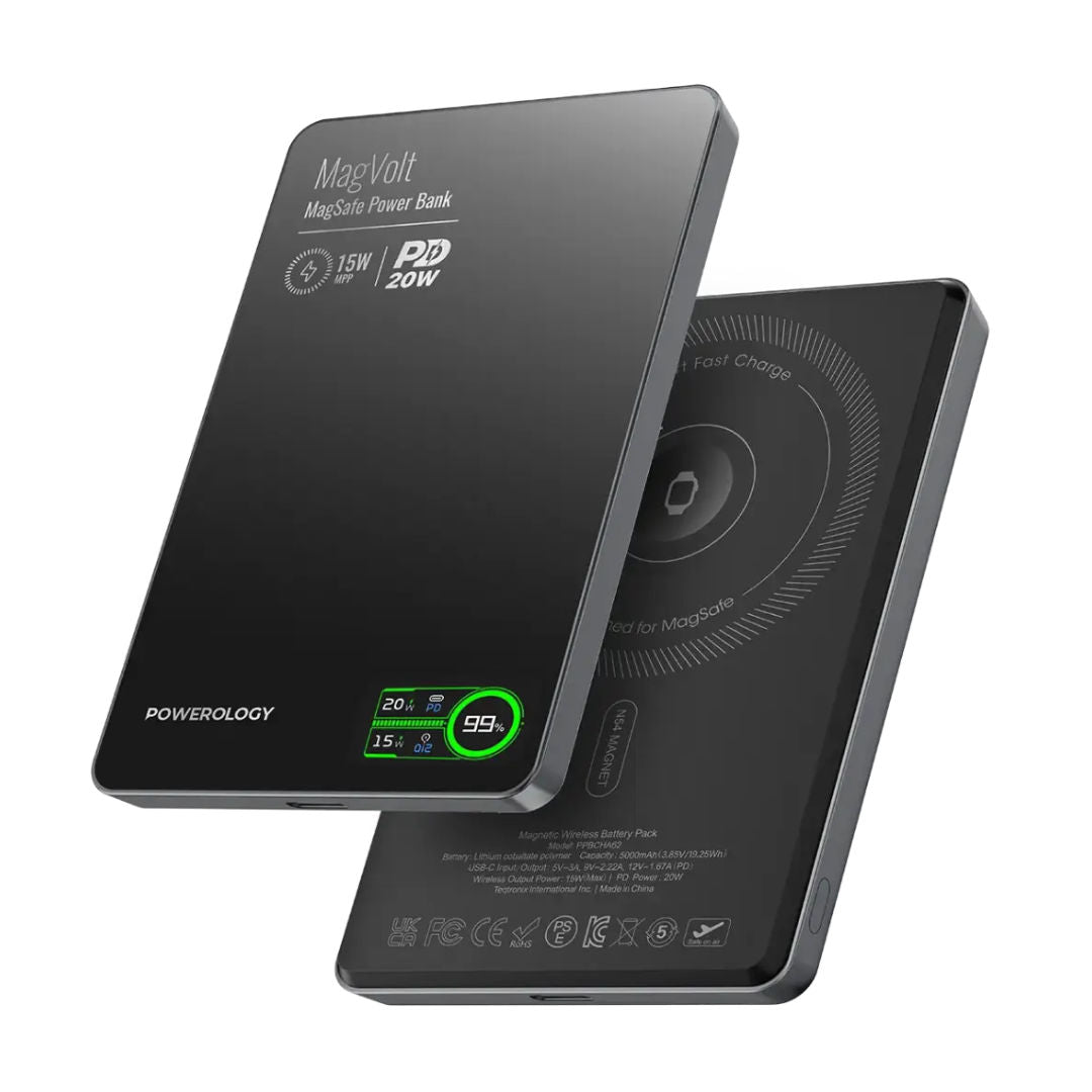 Powerology MagVolt 5000mAh Magnetic Power Bank, Smart LED Display