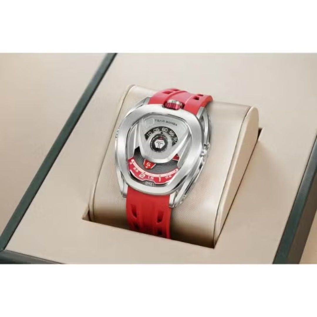 TSAR Bomba Men's FKM Rubber Interchangeable Automatic Silver Case Red Silicon Watch