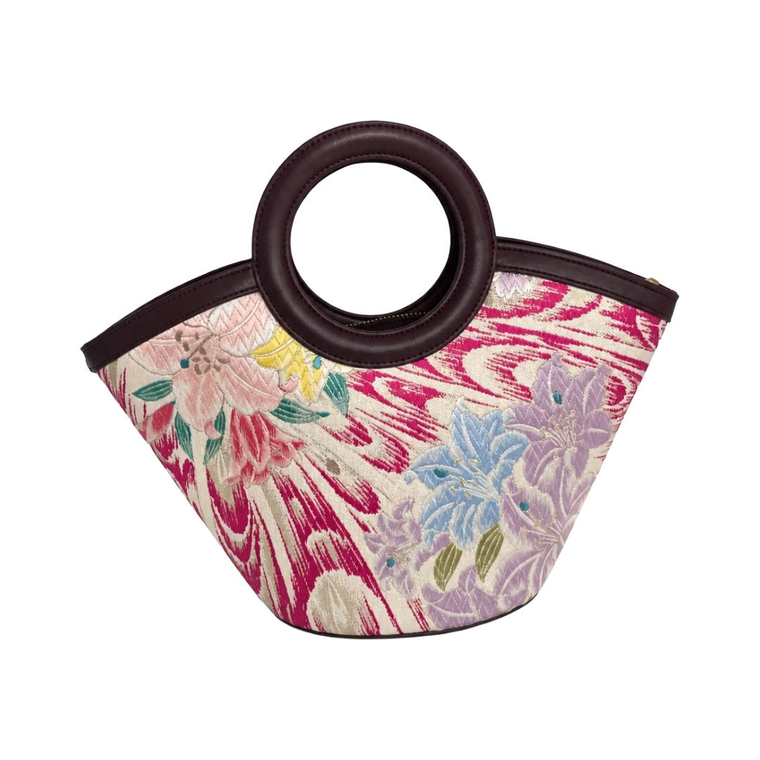 Jamila Designer Mulberry Silk Tote Bag, Floral Pattern with Round Handles, TOTEBUR-FLOWER03