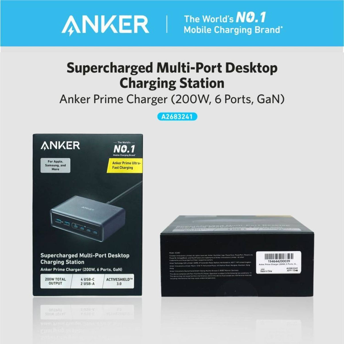 Anker Prime 200W 6-Port GaN Charger, Black