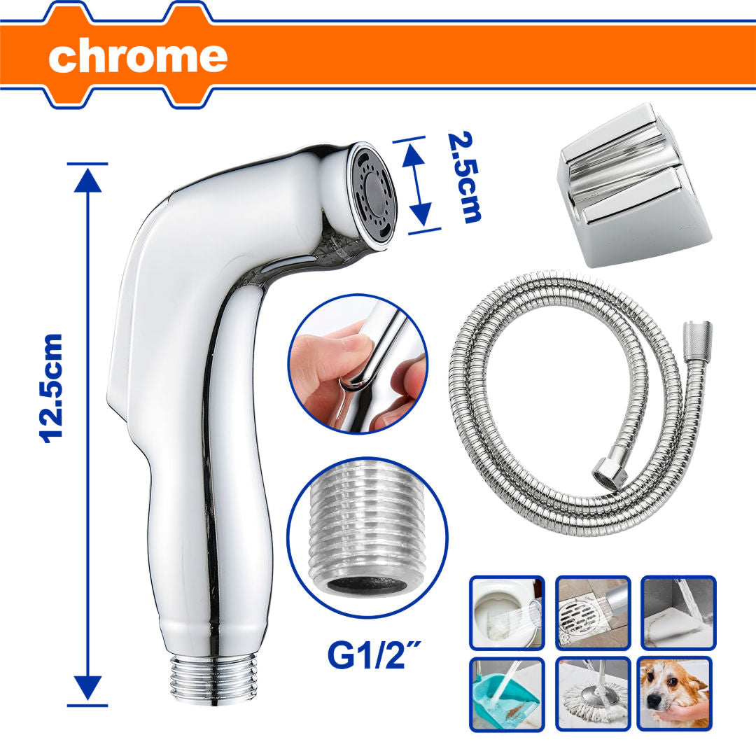 WADFOW Shattaf Sprayer Kit, 1 Mode Handheld Head, Chrome, 2.5×12.5cm, G1/2", Bracket, 1.2m SS Hose
