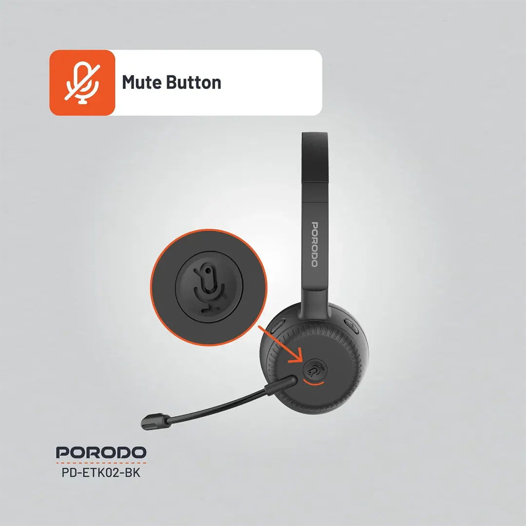 Porodo Office Wireless Bluetooth Headset, Black