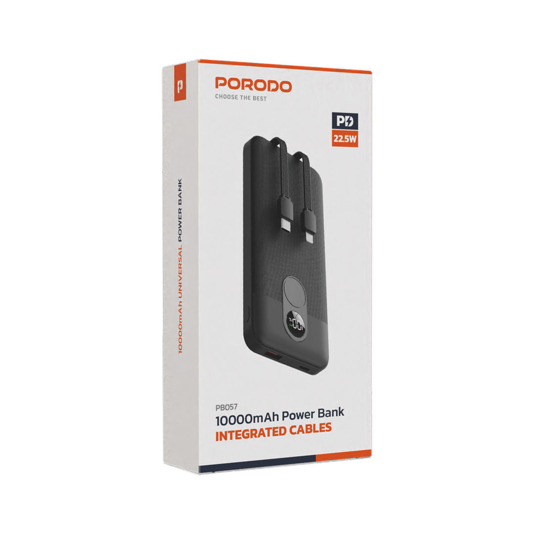 Porodo 10000mAh Powerbank Integrated Cable, Black