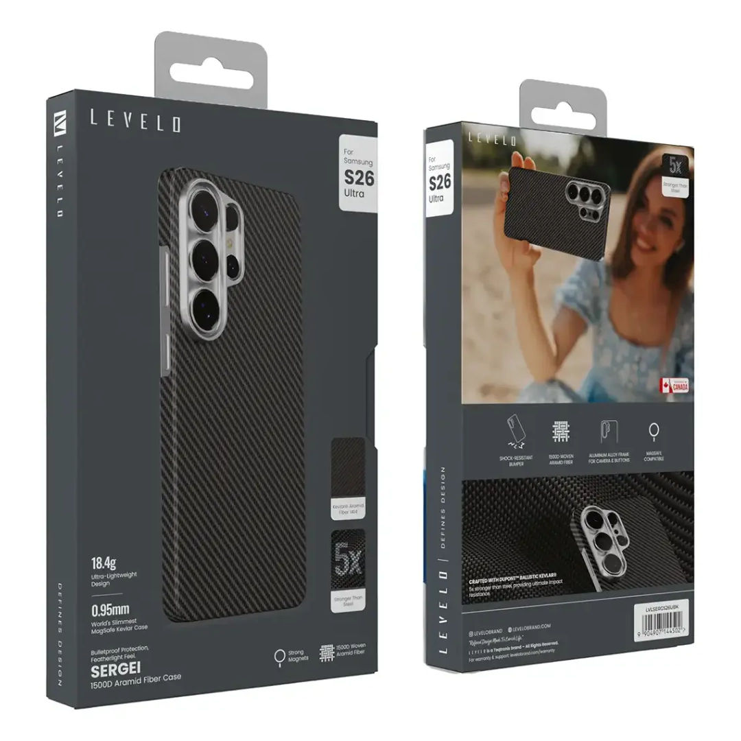 Levelo Sergei 1500D Aramid Fiber Case For Samsung S26 Ultra, Black