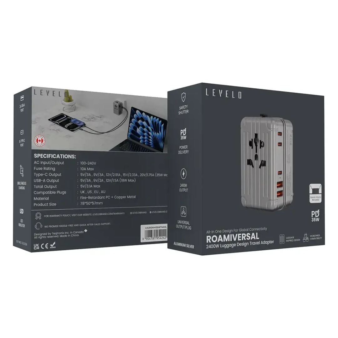 Levelo Roamiversal 2400W Luggage Design Travel Adapter, Aluminum Silver