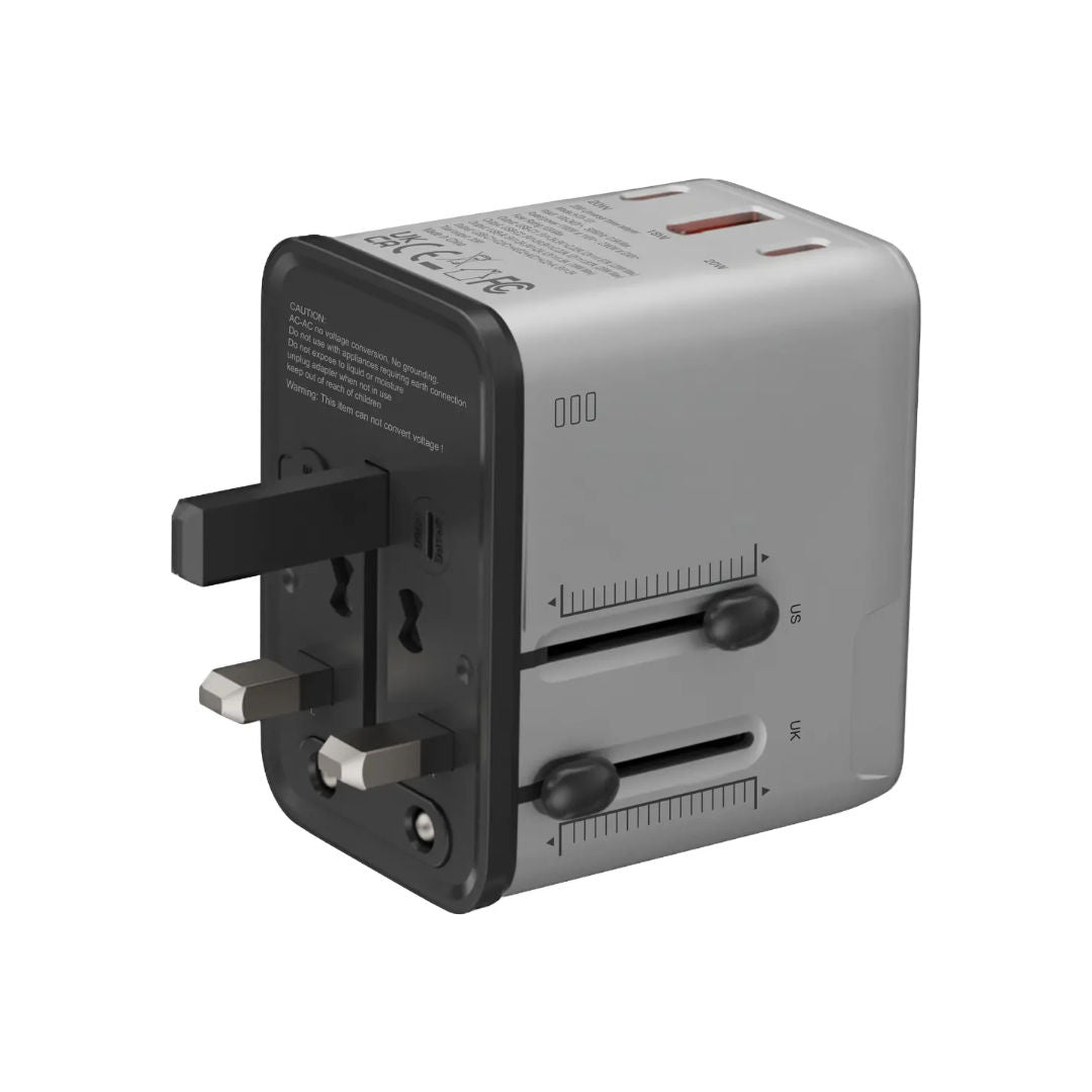 Porodo Mega Volt Universal Travel Adapter, 20W USB-C + USB-A, EU/UK/US Plugs, Silver/Black
