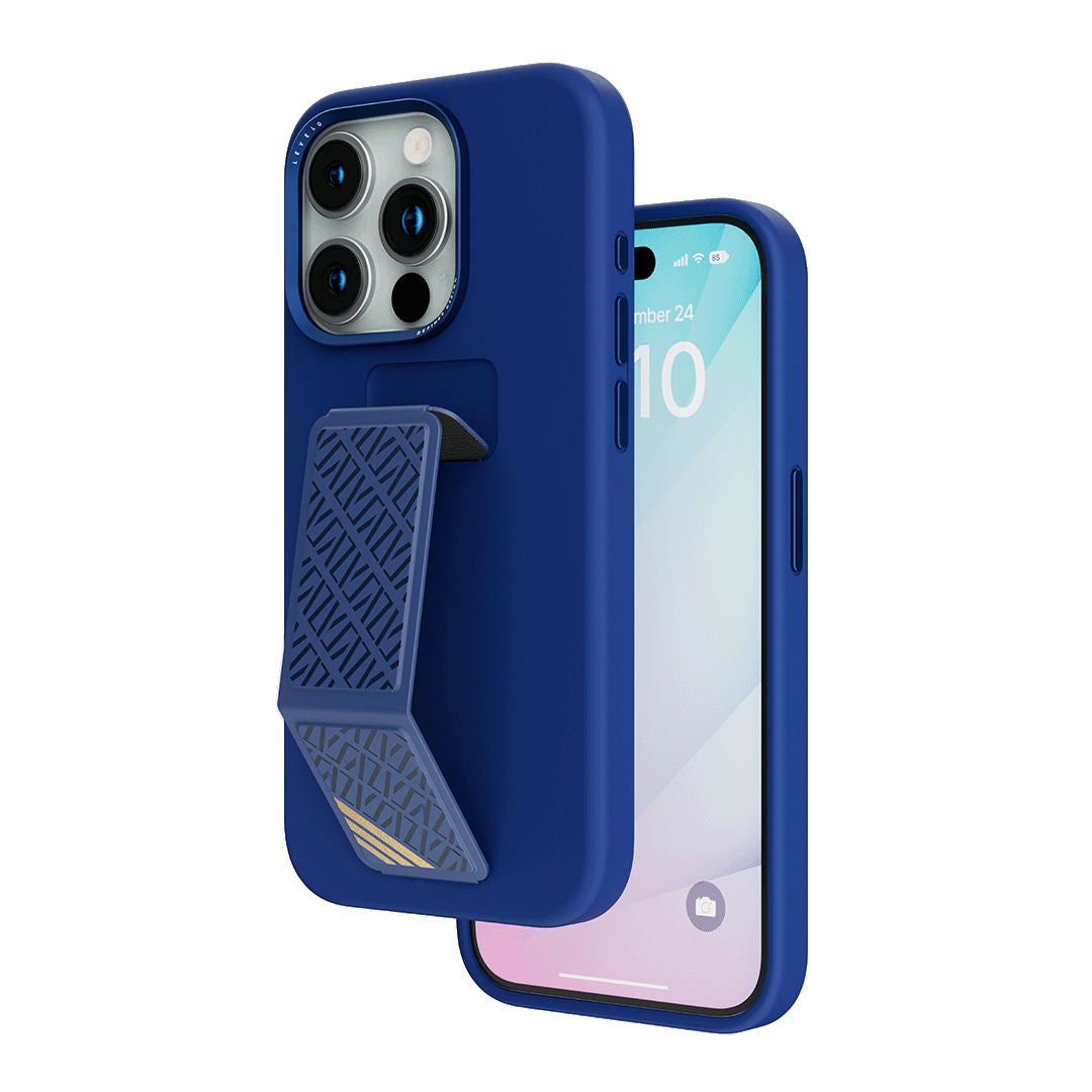 Levelo Morphix Silicone Case With Leather Grip for iPhone 15 Pro, Deep Blue