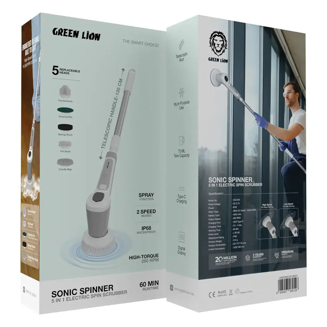 Green Lion Sonic Spinner 5 In 1 Electric Spin Scrubber, White