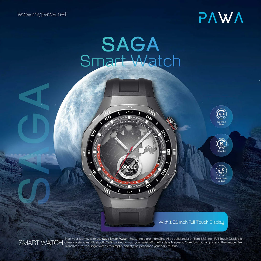 Pawa Saga 1.52inch Display Smart Watch, Black