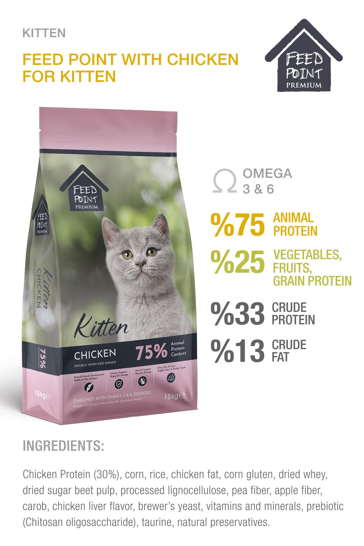 Feed Point Kitten Food with Chicken & Rice, High Protein, Healthy Growth, Shiny Coat & Strong Immunity, Complete Balanced Nutrition, 15kg