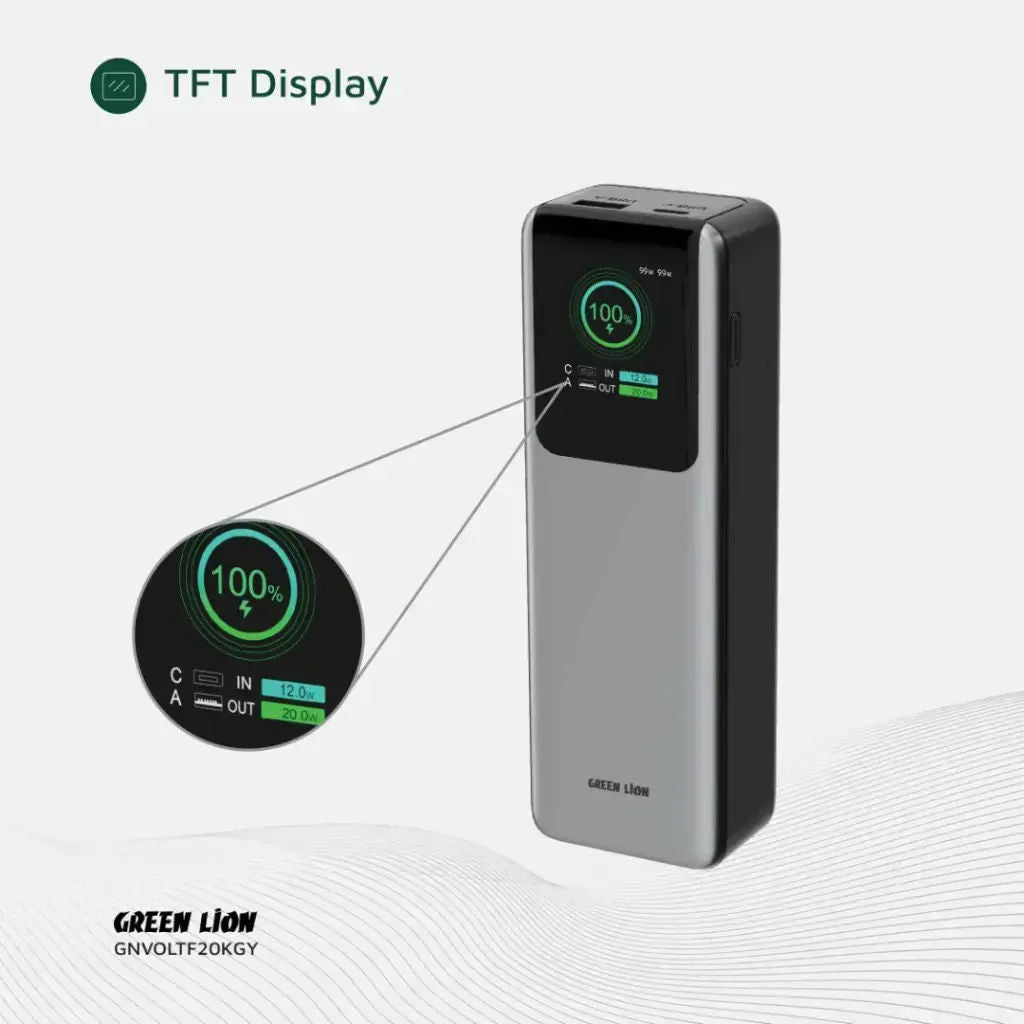 Green Lion Voltura 20000mAh Power Bank PD 100W, USB-C Fast Charging, TFT Display, Grey