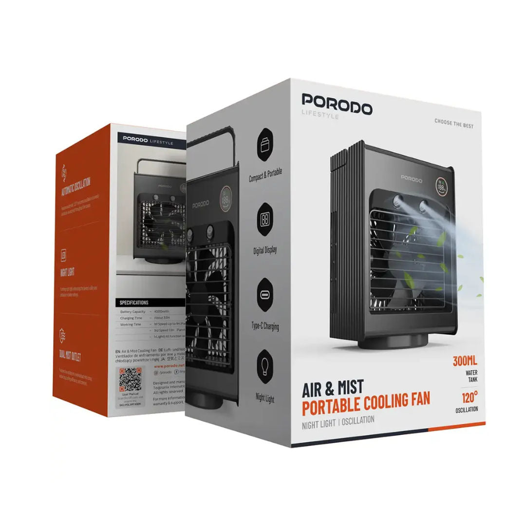 Porodo Lifestyle Air & Mist Portable Cooling Fan With Night Light, Black