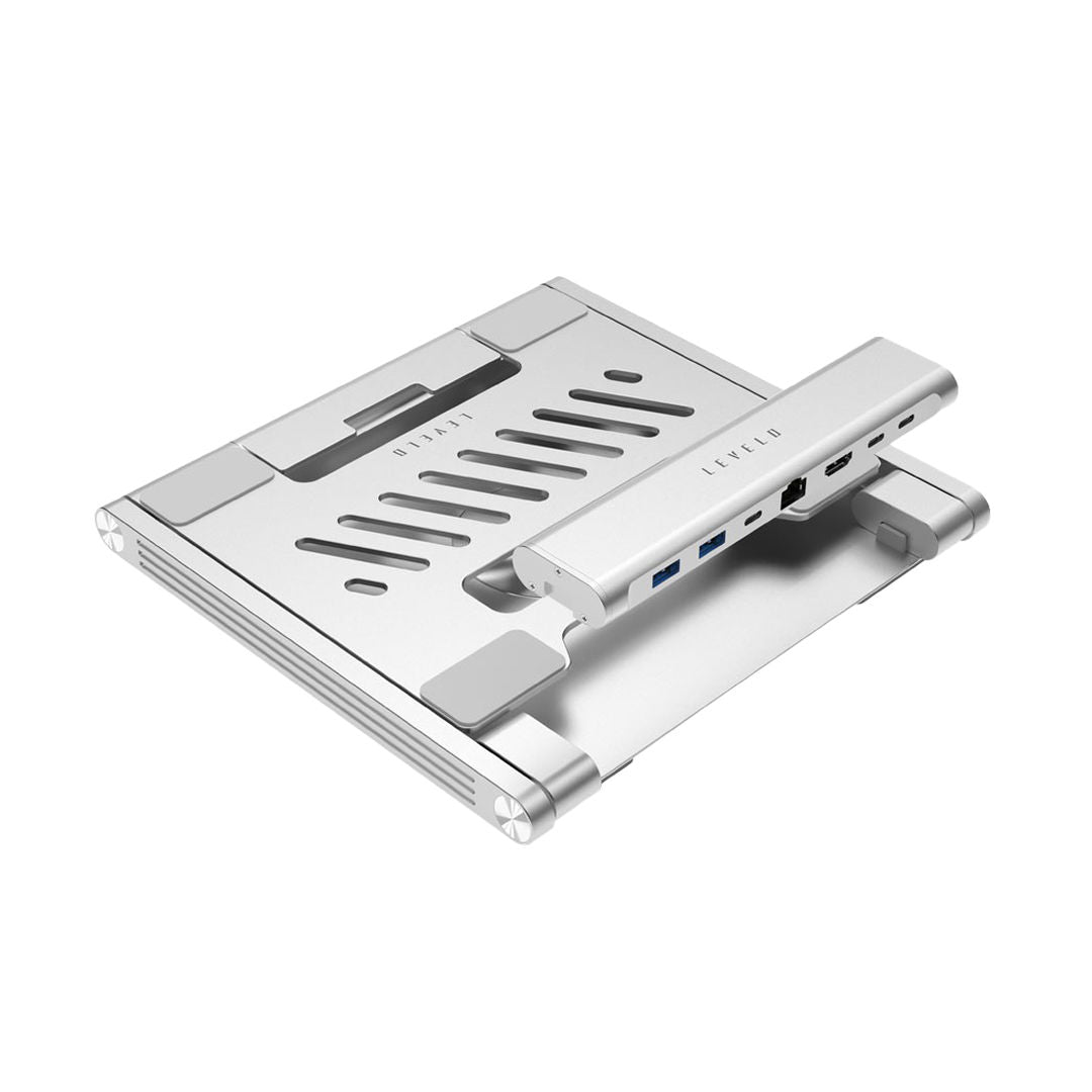 Levelo AeroLink Laptop Stand With Built, In Portable 7 In 1 Hub, Silver