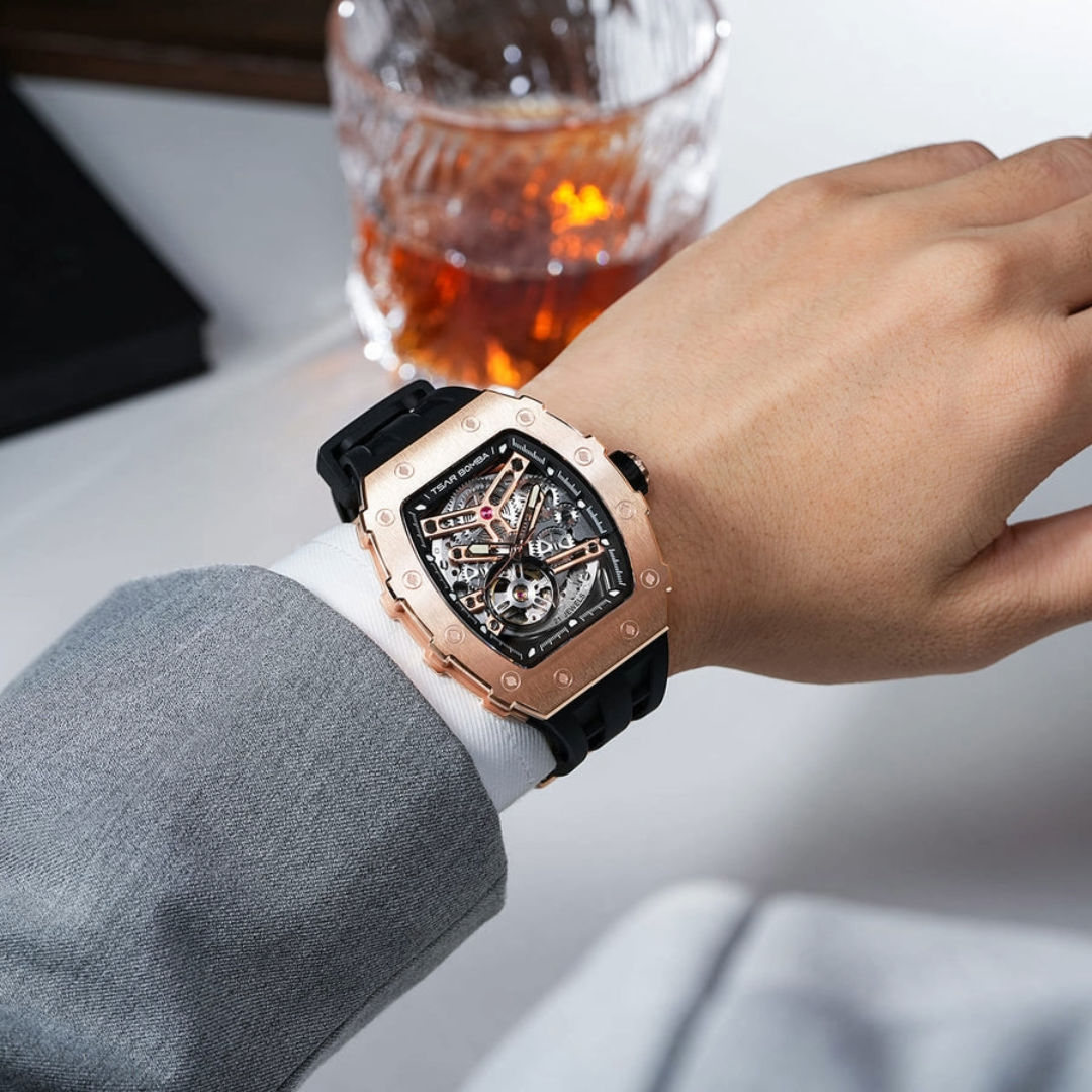 TSAR Bomba Men's Elemental Chronograph Rose Gold Case Black Silicon Watch