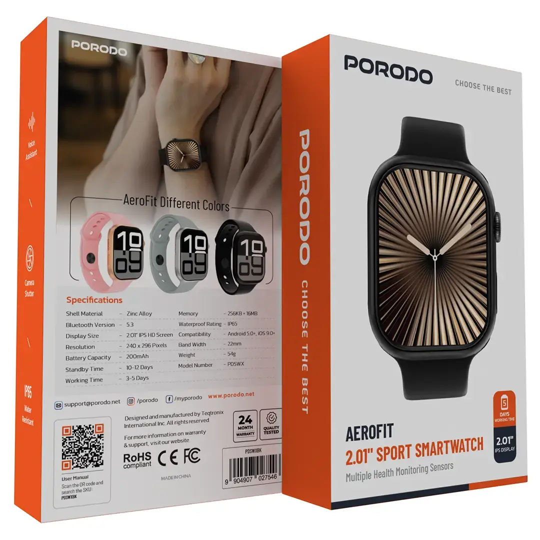 Porodo Aerofit 2.01inch Sport Smart Watch, Black