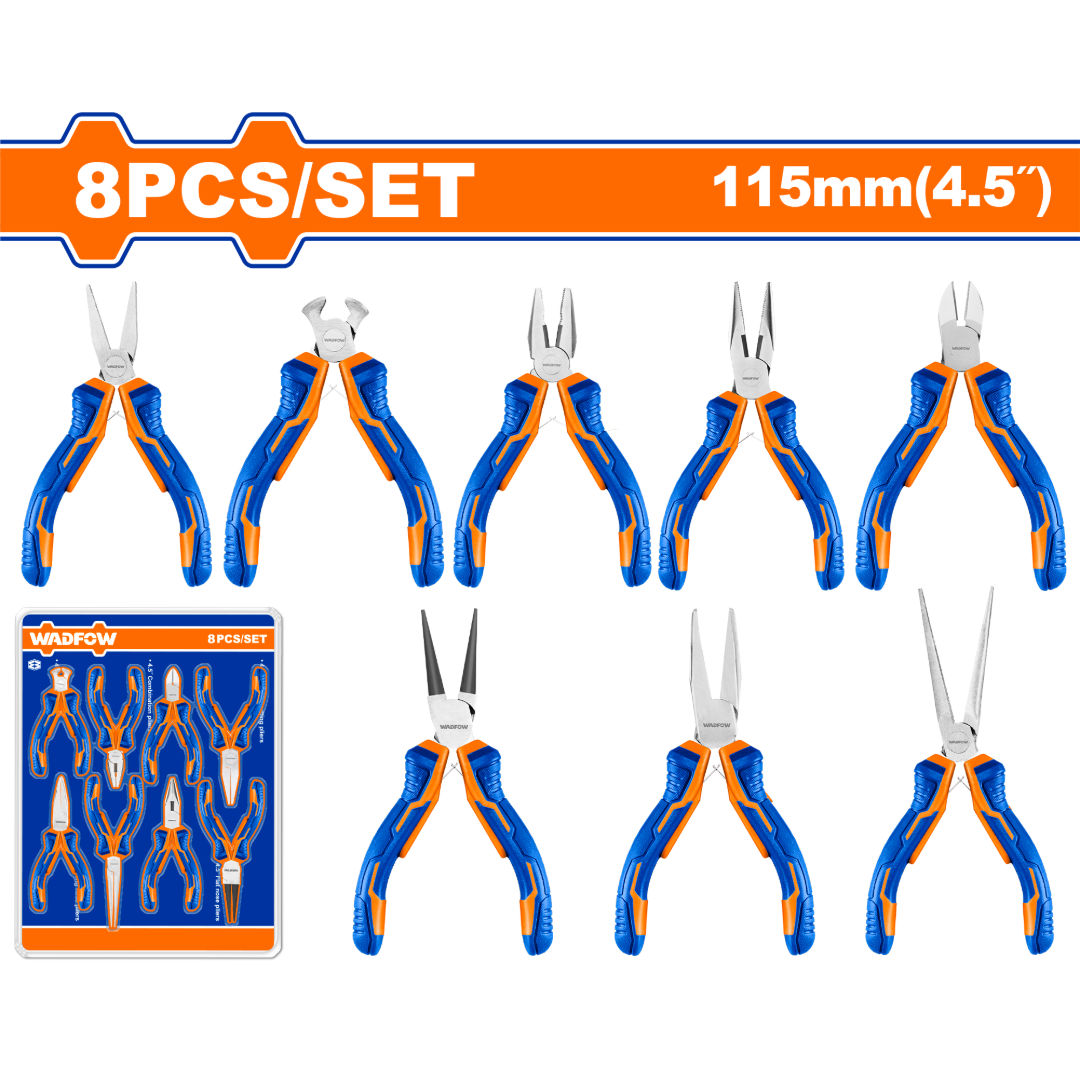 WADFOW 8-Piece Mini Pliers Set, 4.5″, Combination, Cutting & Nose Pliers, Anti-Rust Finish, Sliding Card
