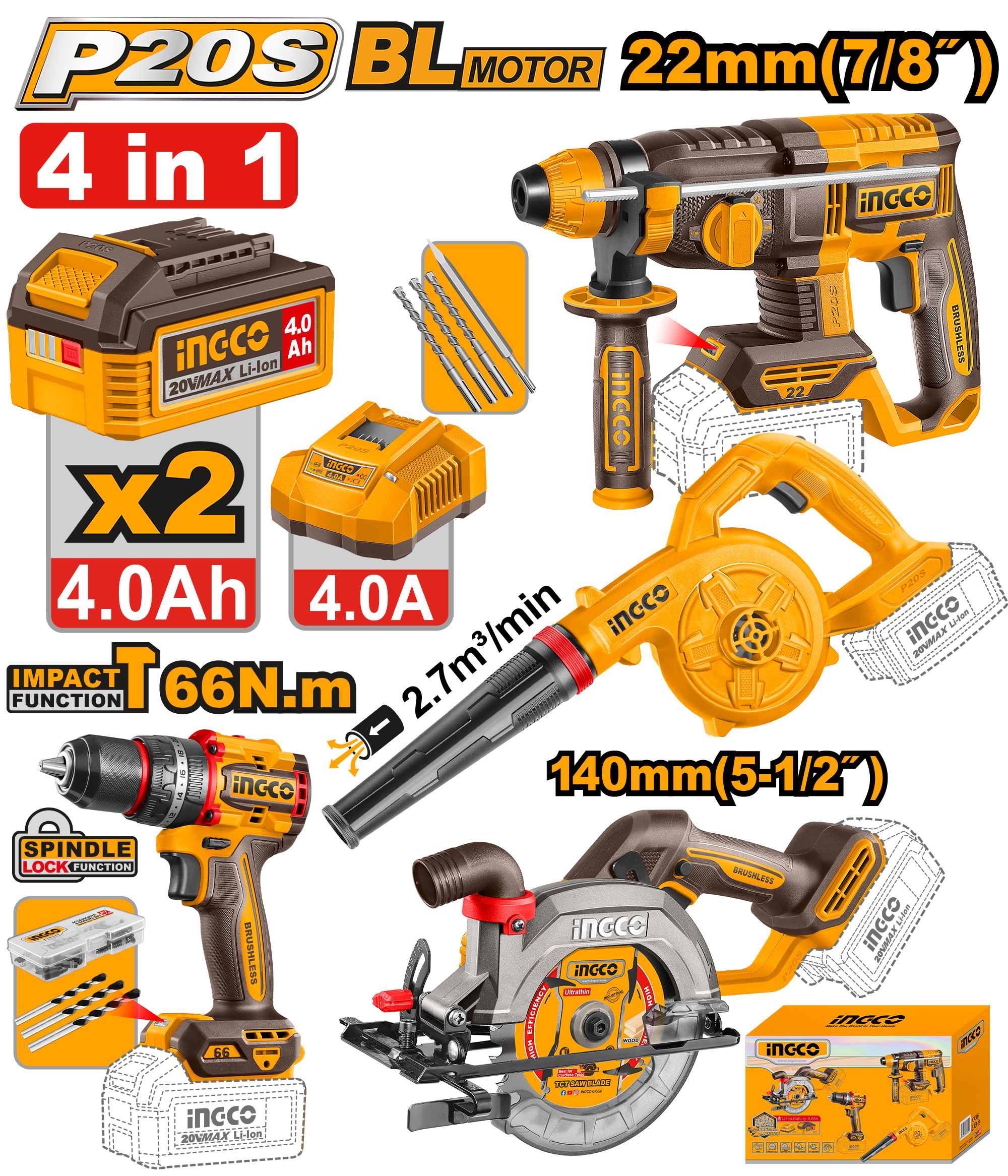 INGCO Cordless Power Tool Combo Set Drill Saw Blower Kit