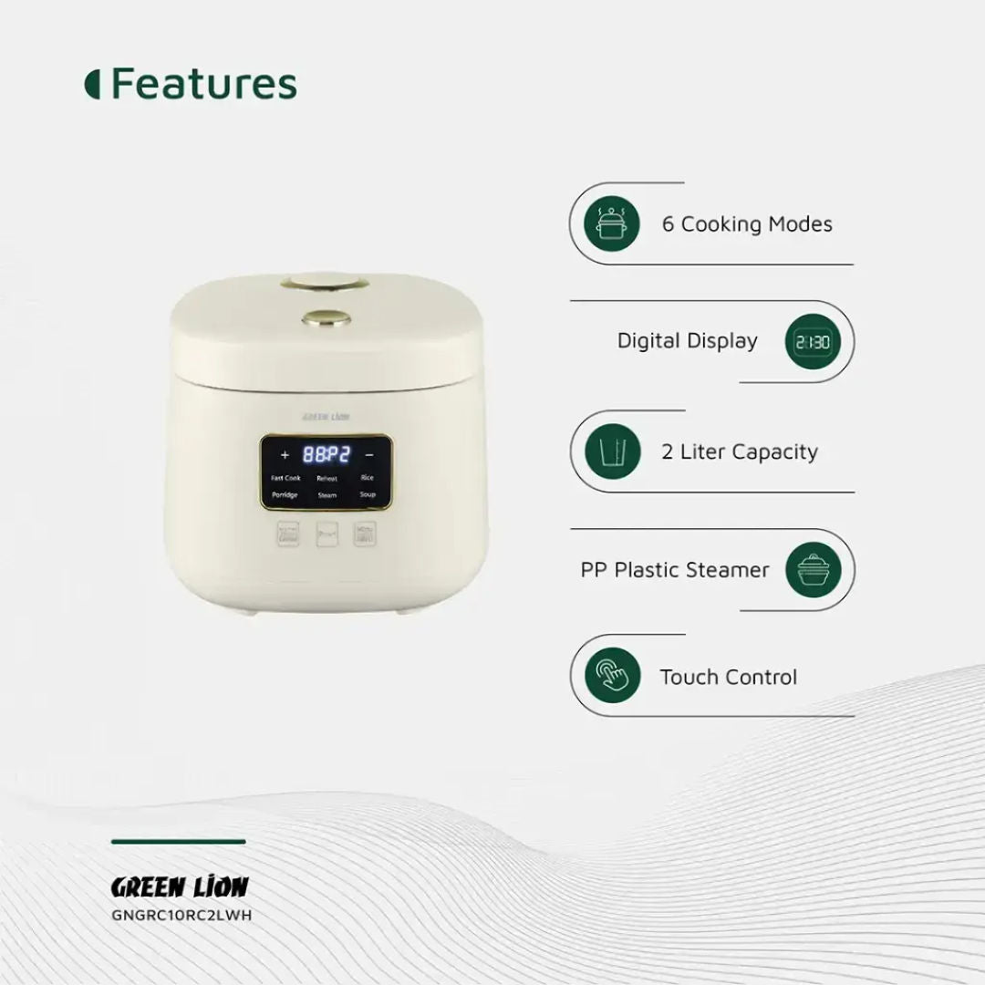 Green Lion GRC 10 Digital Rice Cooker 2L, Multi-Function Smart Cooker, White
