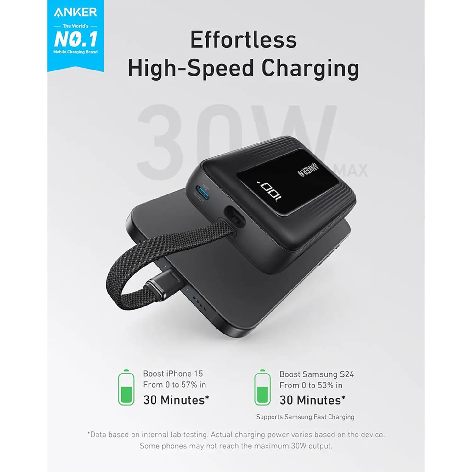 Anker Zolo Power Bank 10000mAh 30W High-Speed Portable Charger with Built-in USB-C Cable, Black