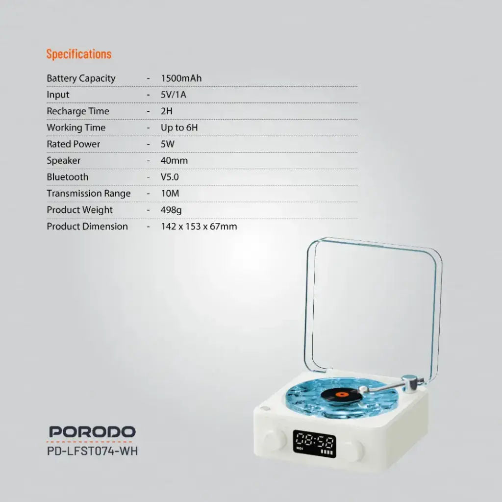 Porodo Lifestyle White Noise Portable Speaker with Clock Display, Ambient Light, Bluetooth 5.0, White