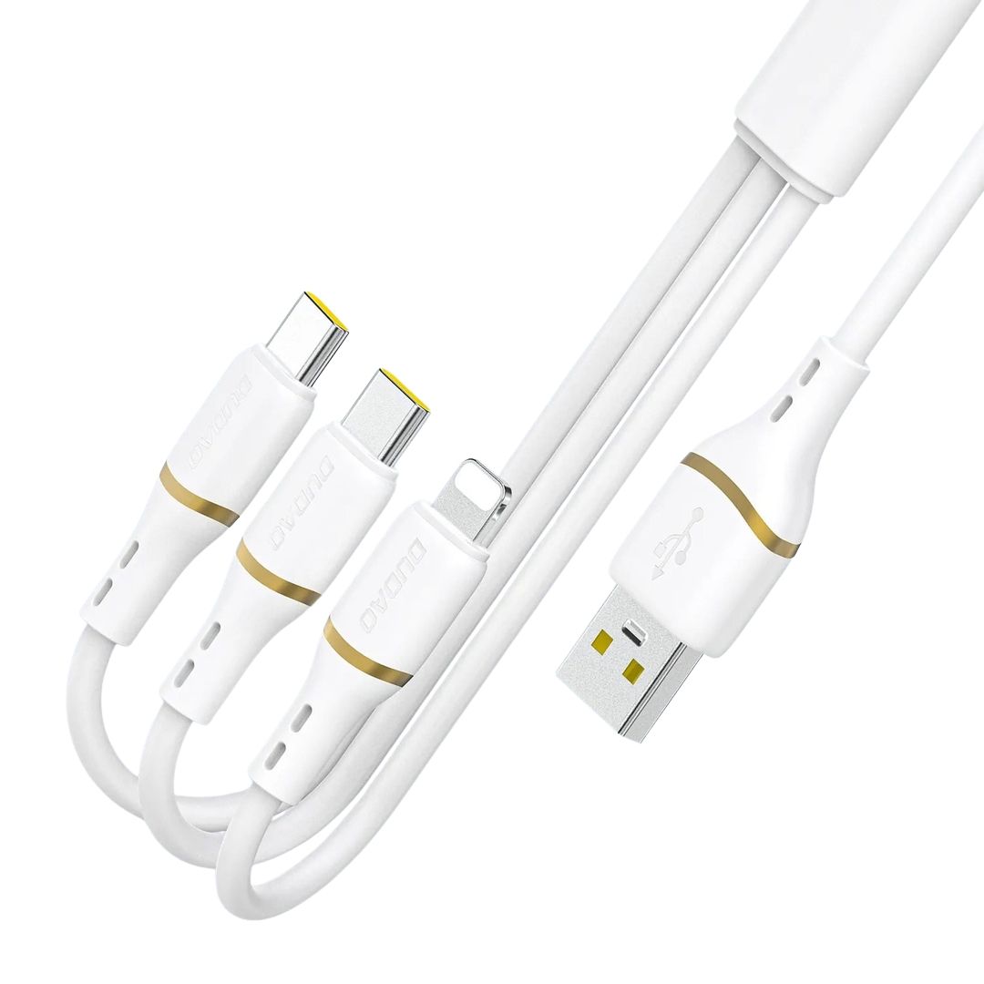 DUDAO L25E-1.2MW Liquid Silicon 3in1 Fast Charging Cable USB-A to 2xUSB-C, Lightning, 66W, 1.2m, White