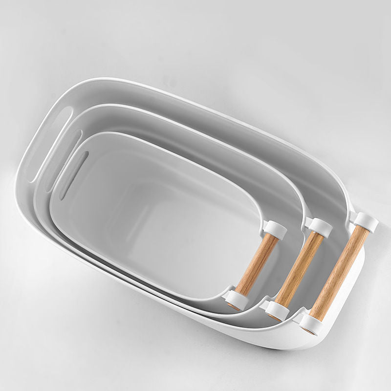 White Plastic Organizer Basket with Wood Handle - Medium 5.8L