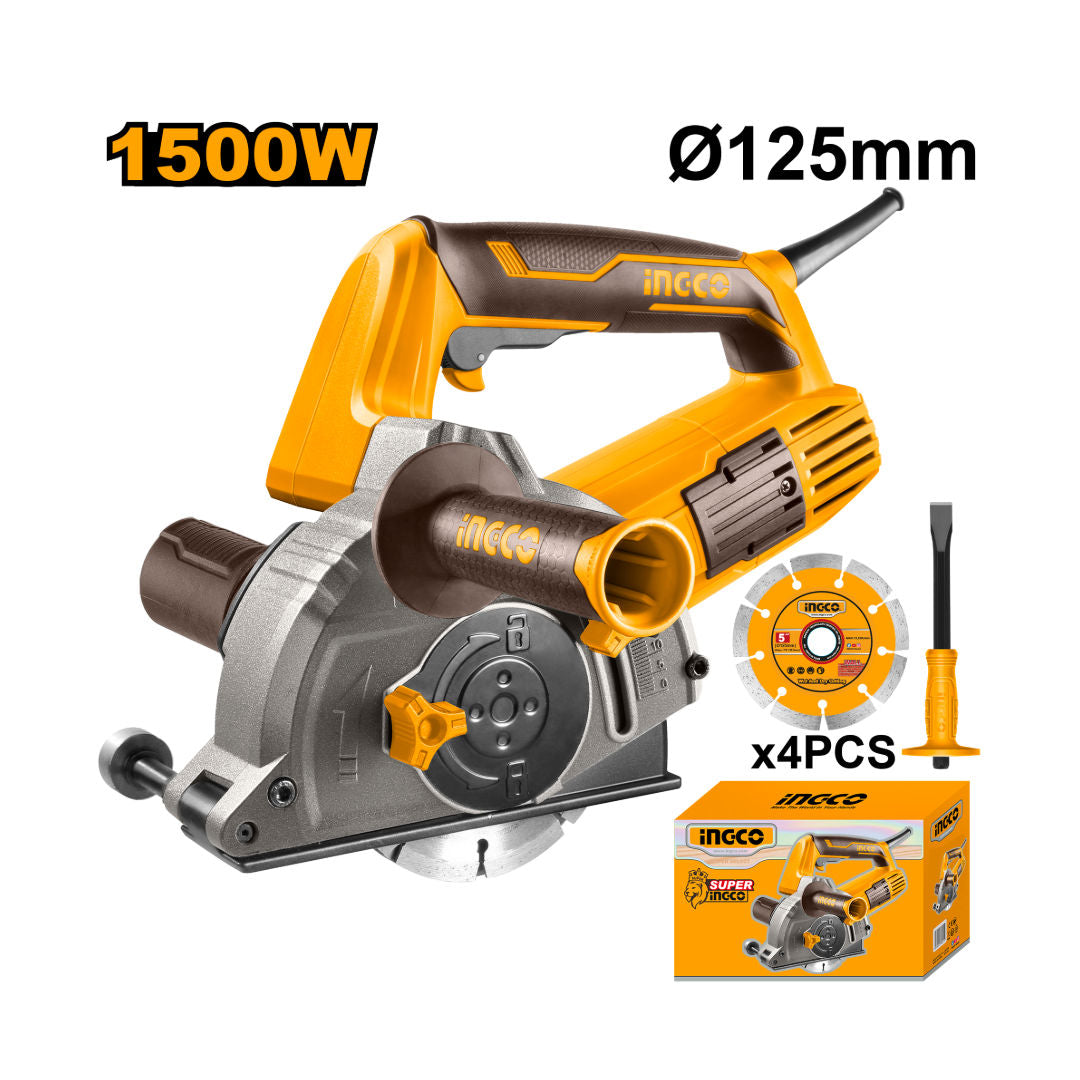 INGCO 1500W Wall Chaser, 125mm Disc, 10,500 RPM, Adjustable Depth & Width, 4 Cutting Discs + Chisel