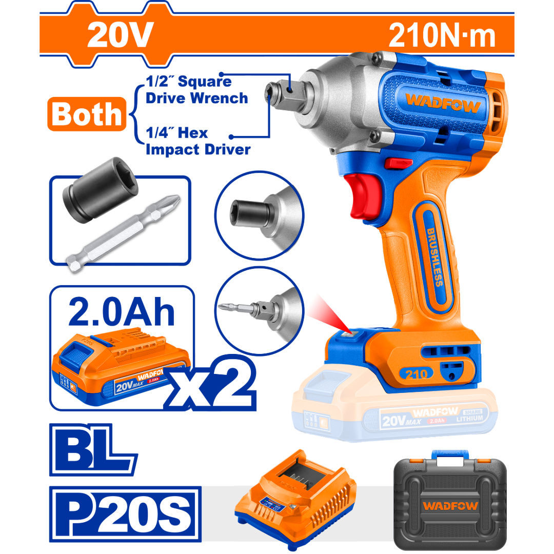 مفك براغي ومفتاح ربط لاسلكي من WADFOW 20 فولت، بدون فرش، 210 نيوتن متر، 1/2 بوصة + 6.35 ملم