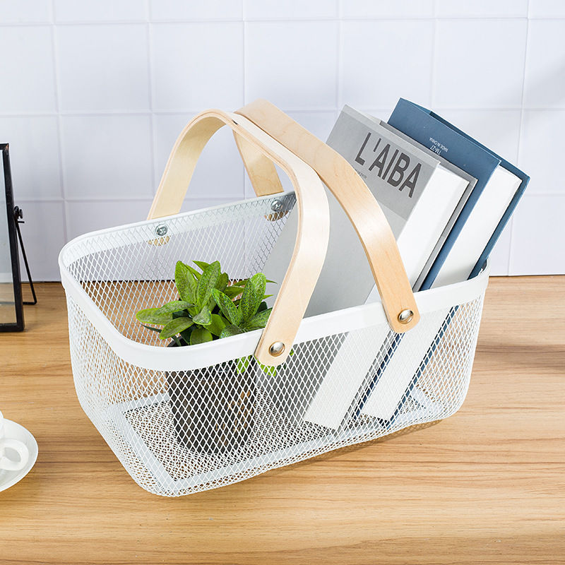 Metal Mesh Storage Basket with Wooden Handles (Rectangle) (Black)