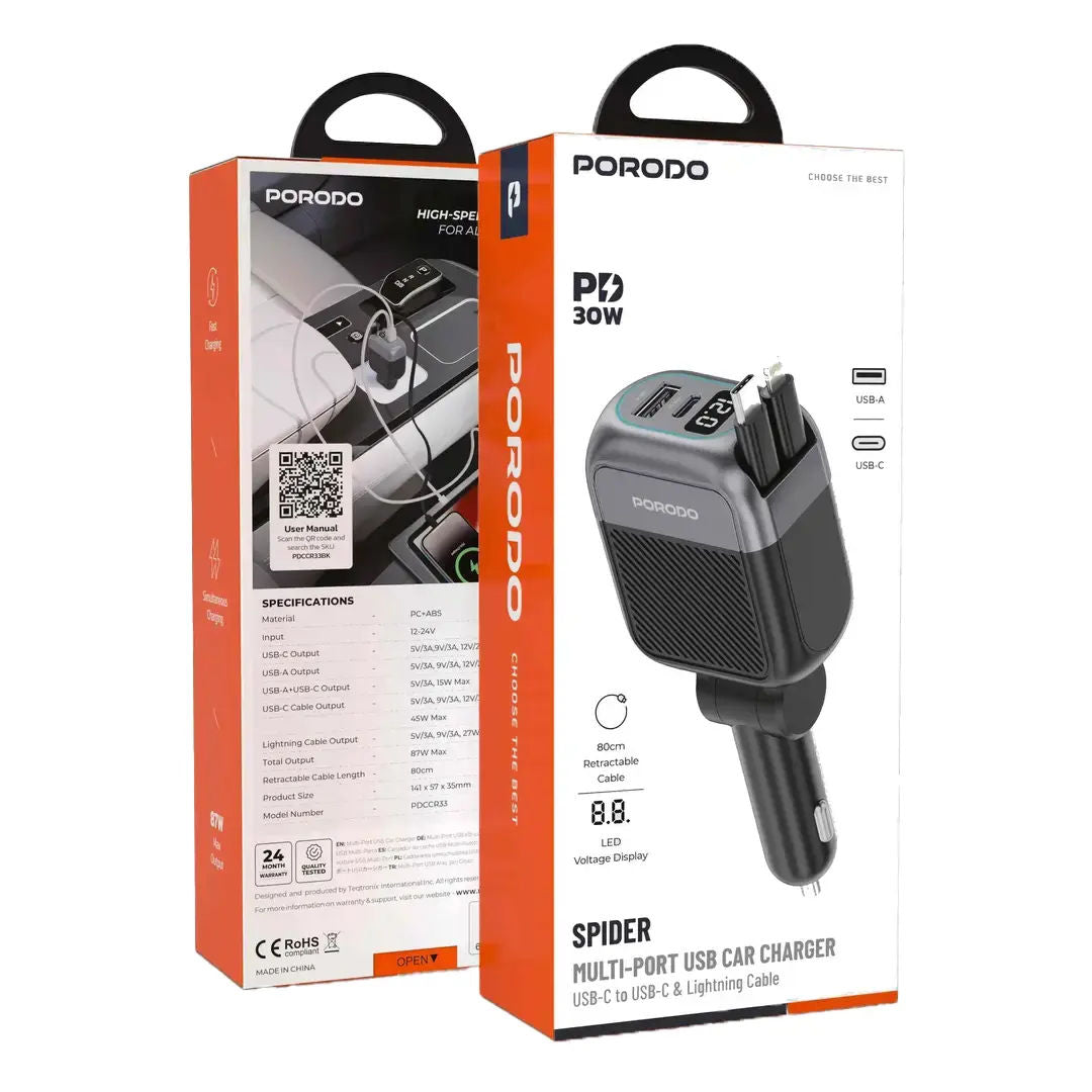 Porodo Spider Multi-Port USB Car Charger with USB-C to USB-C & Lightning Cable, Black