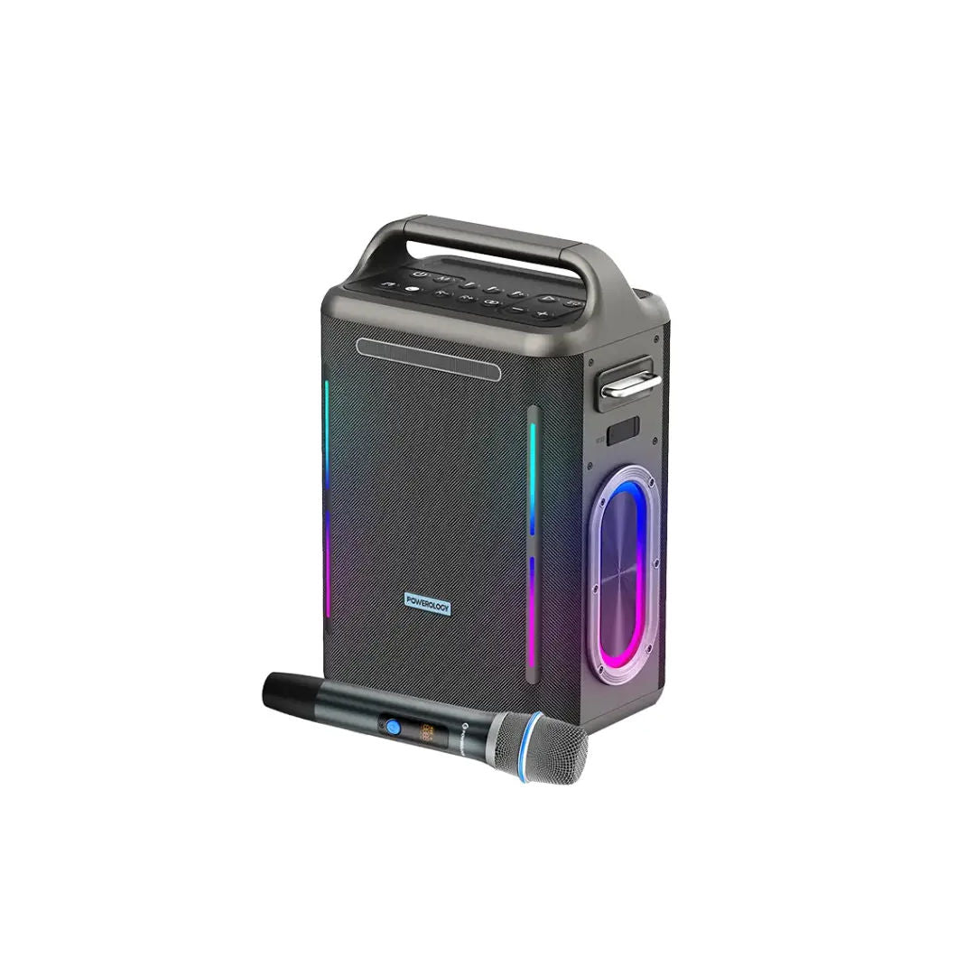 Powerology Karaoke Party Speaker, 300W Max Output, Bluetooth V5.3, 30000mAh Battery, Silver