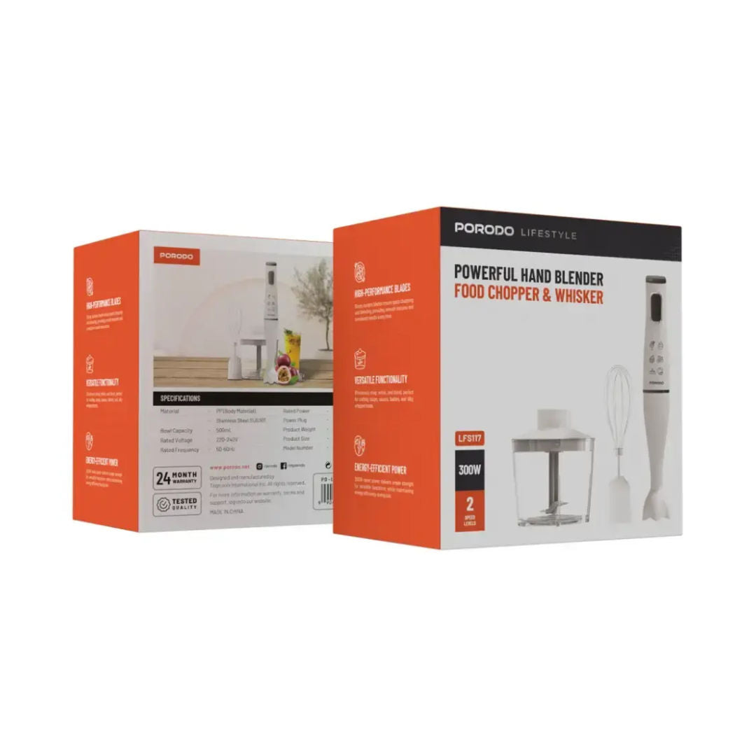 Porodo Lifestyle Powerful Hand Blender Food Chopper & Whisker, White