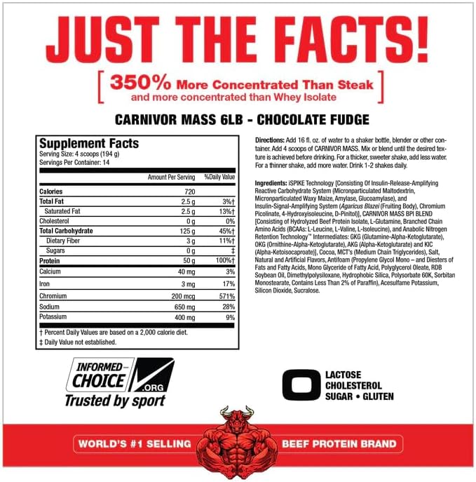 Carnivor Mass, Anabolic Beef Protein Gainer, Chocolate Fudge, 5.83 lbs, 2,646 gm