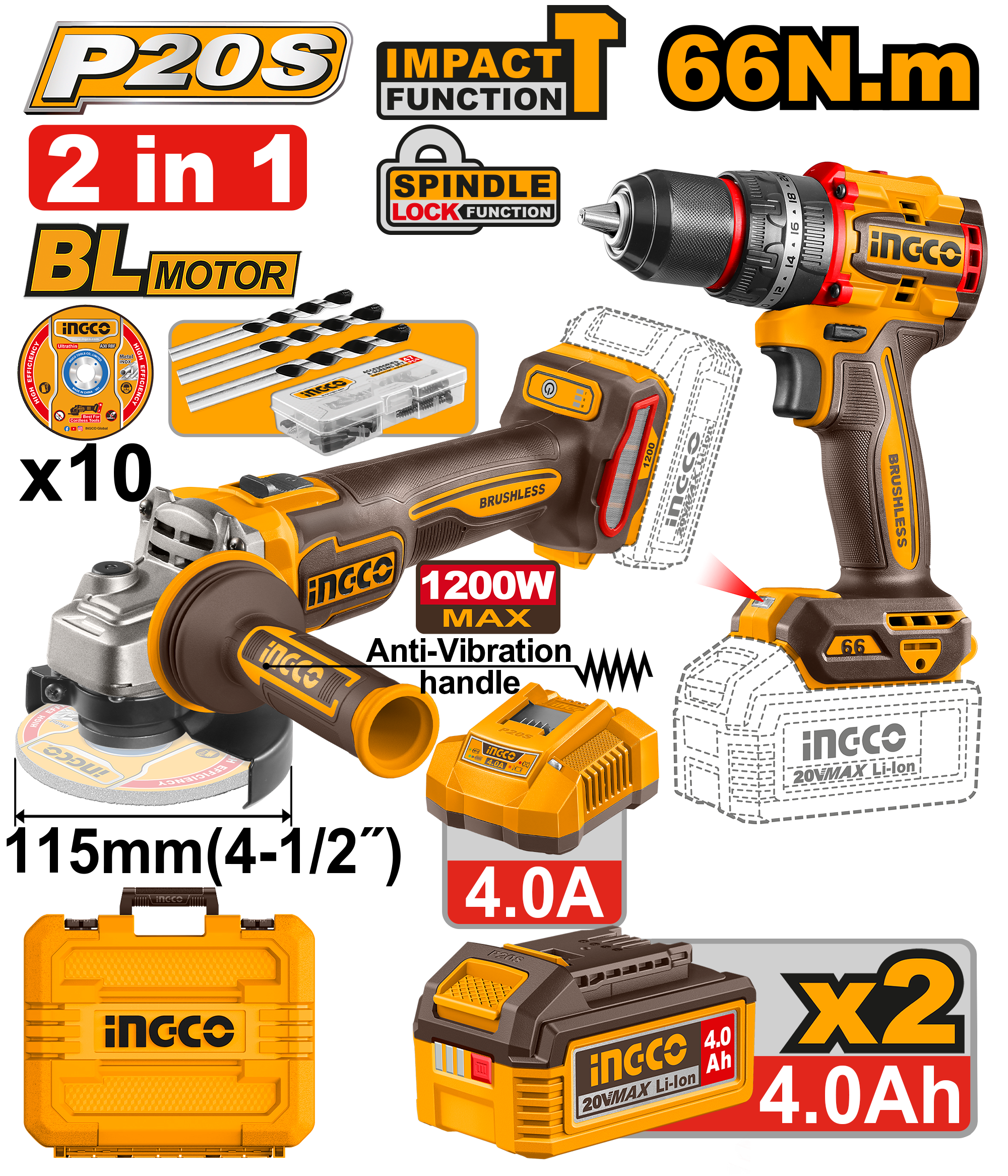 INGCO Cordless Drill and Angle Grinder Combo Set 20V Kit