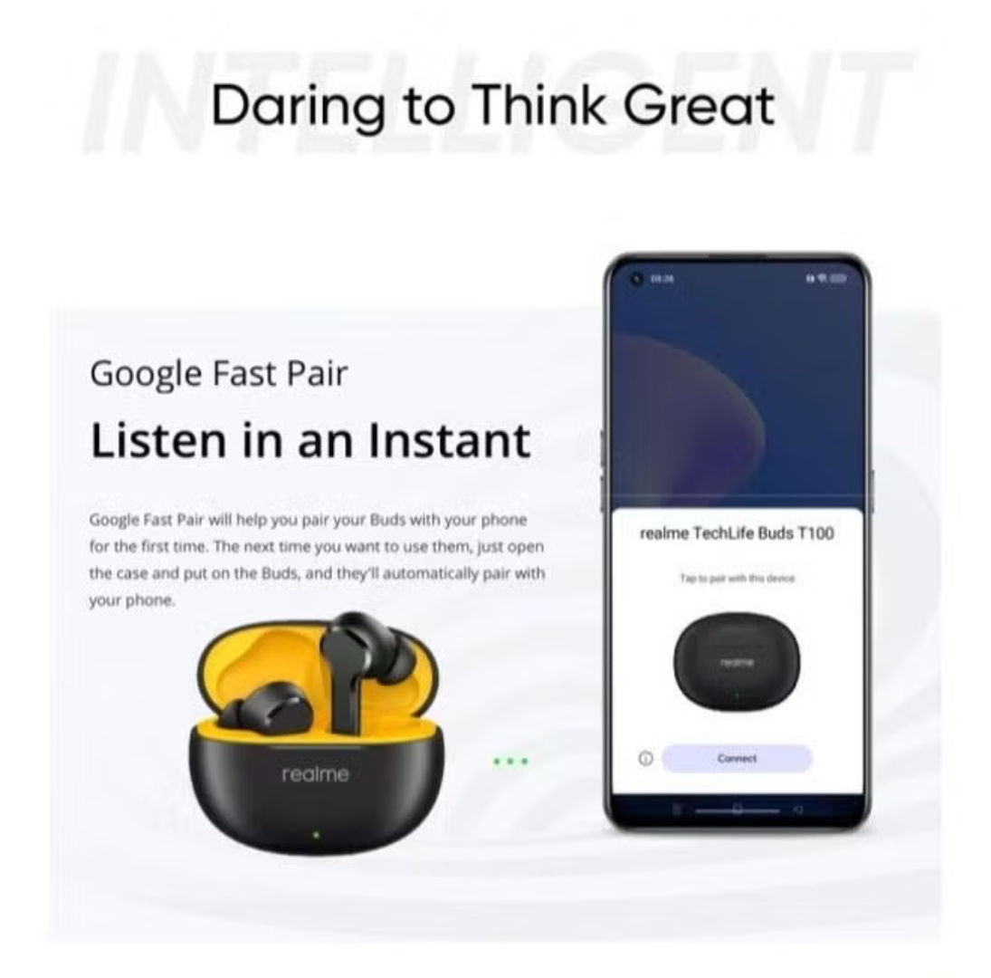 Realme T100 Buds True Wireless Earbuds with AI Environmental Noise Cancellation, White