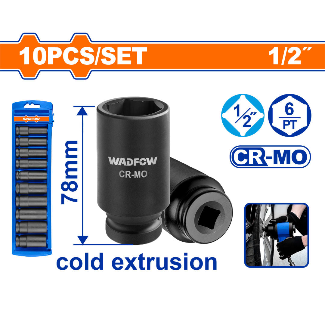 مجموعة مفكات عميقة WADFOW 10 قطع 1/2 بوصة، 10/12/13/14/15/17/19/21/22/24 مم، L 78 مم، Cr-V