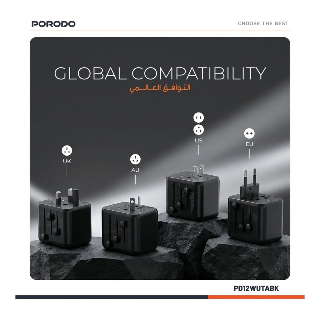 Porodo Dual USB-A Universal Travel Adapter 2.4A, Black