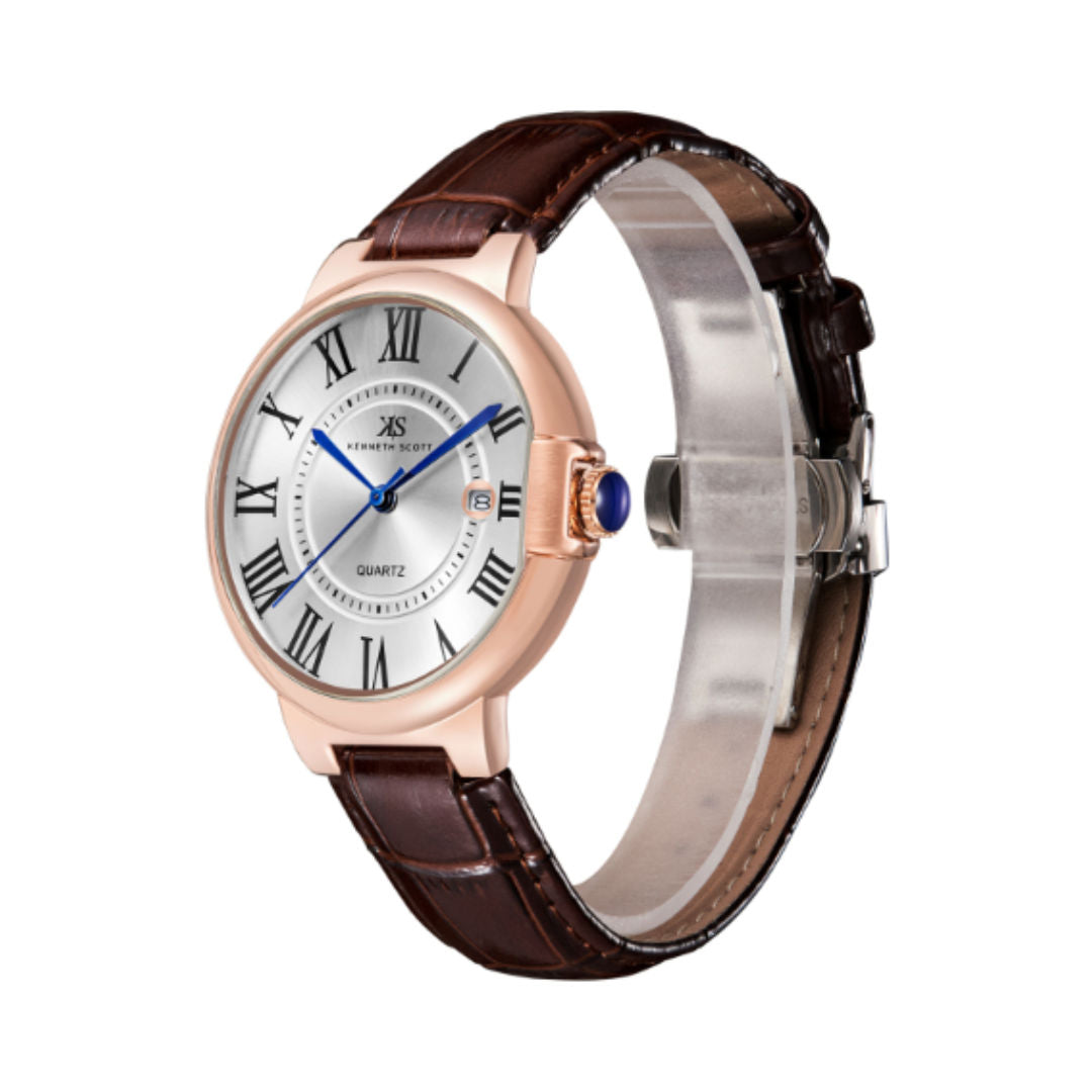 Kenneth Scott Men’s Quartz Analog Watch with Genuine Leather Strap, K23053 Series