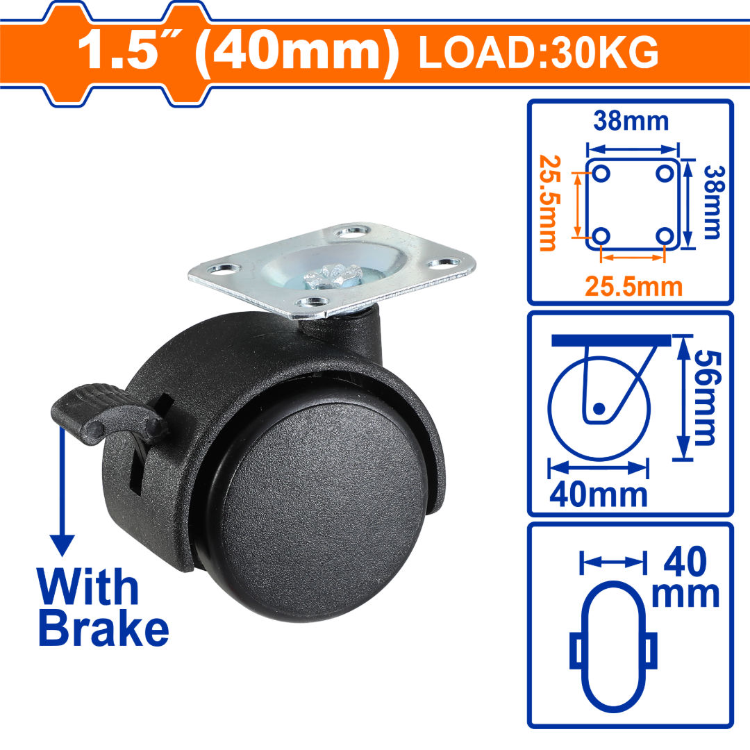 عجلات نايلون WADFOW، مادة PA شديدة التحمل، خيارات تركيب متعددة، مع/بدون فرامل