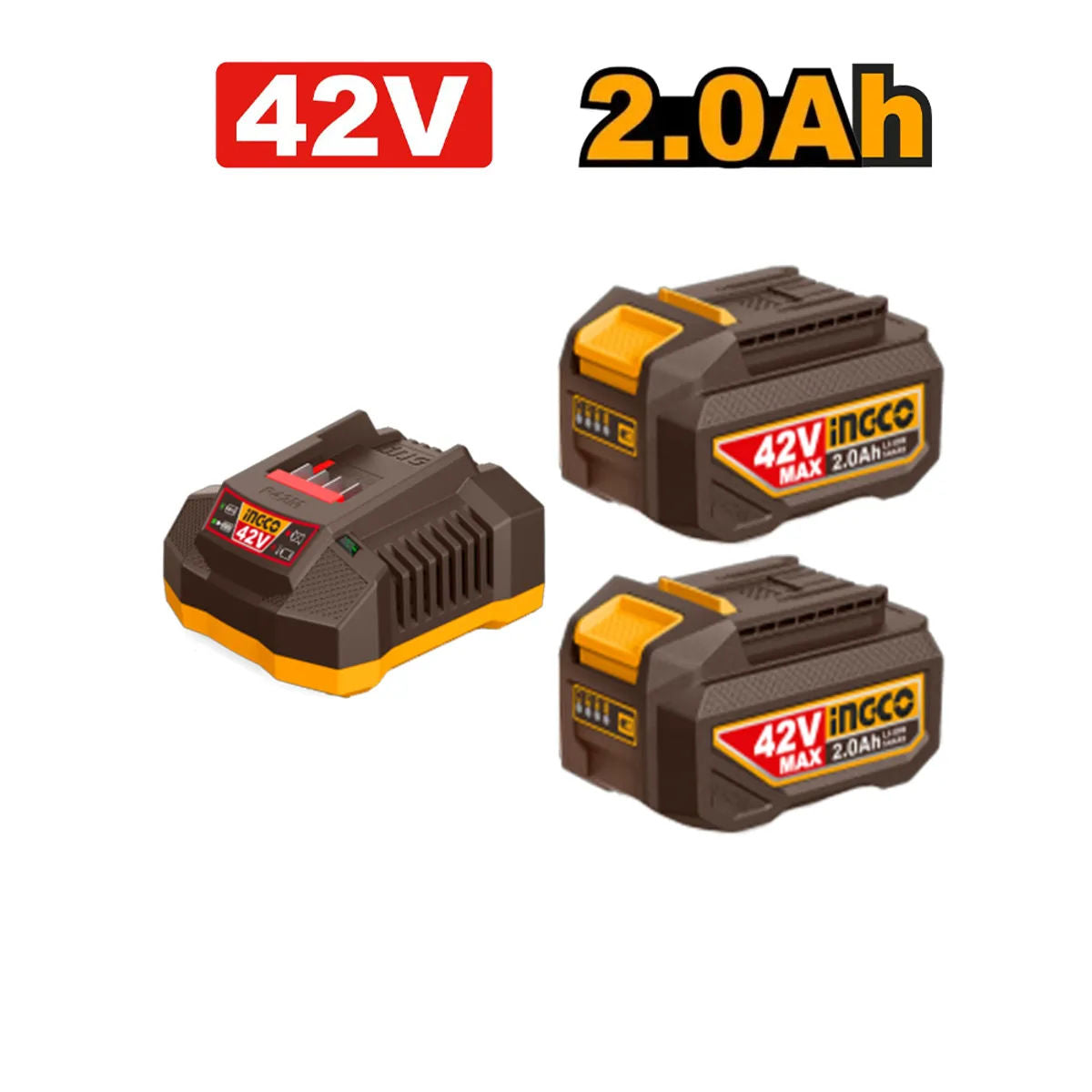 INGCO 42V Brushless Cordless Angle Grinder Kit, 115mm, 3-Speed, 3000/6000/9000 rpm, 2x2.0Ah Batteries, Discs & Charger