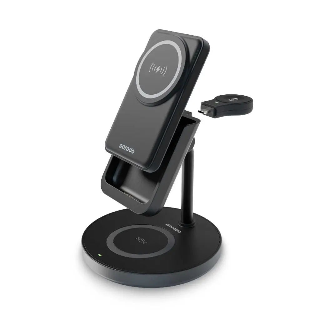 Porodo 5000mAh 4-in-1 MagSafe Power Bank Dock with Wireless Charging, Apple Watch & AirPods Support, Black