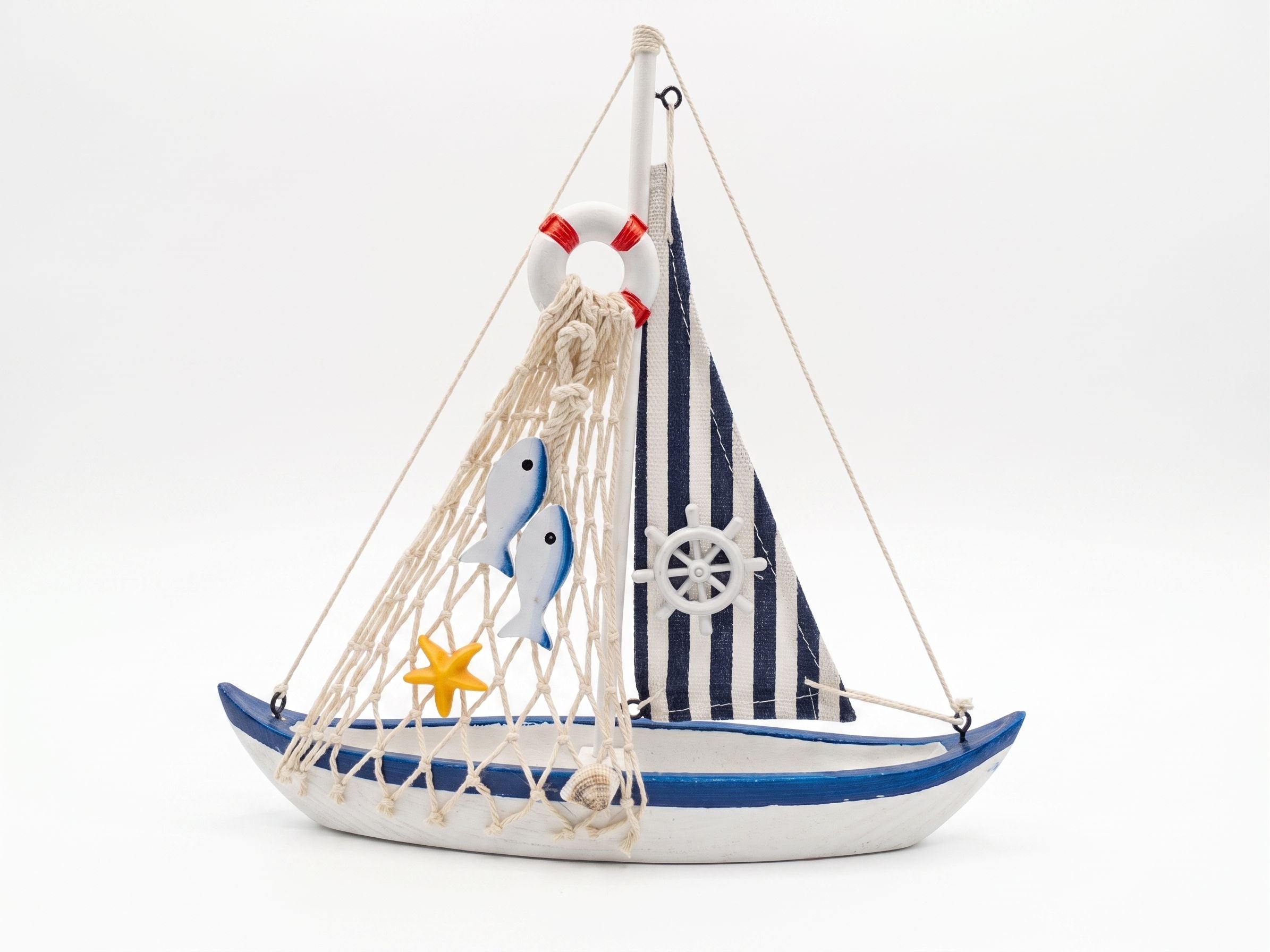 Handcrafted Wooden Model Sailboat – White & Navy Coastal Home Decor Display