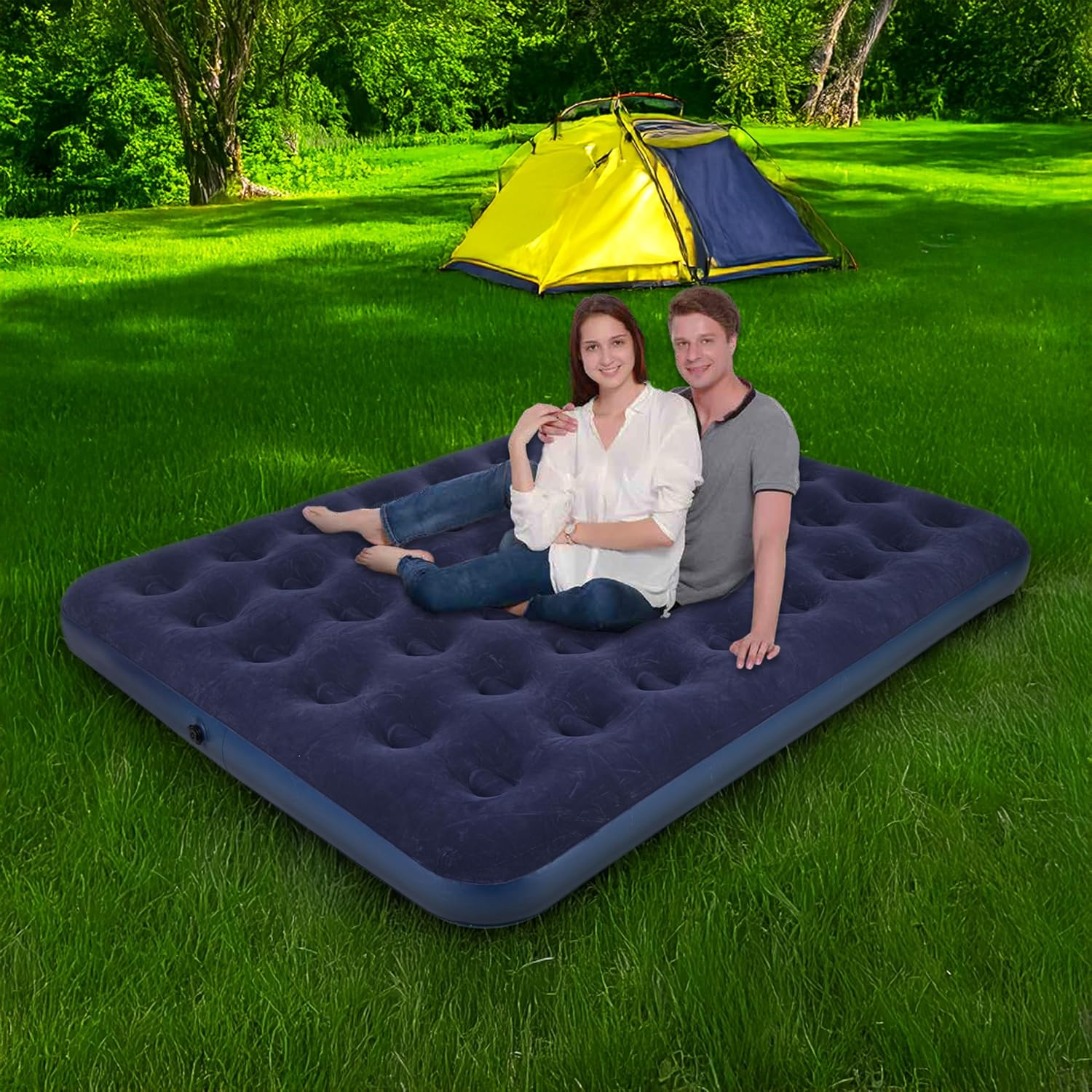 Jilong Avenli Queen Size Flocked Air Bed For Camping, Navy Blue, 203x152x22cm