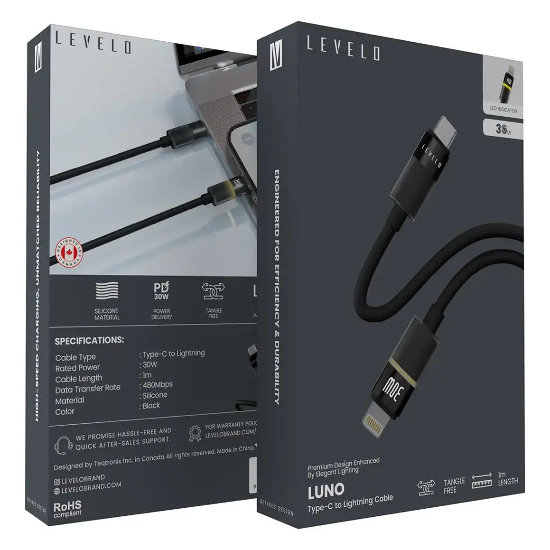 Levelo Luno Type C to Lightning Cable 1m PD 30W, Black