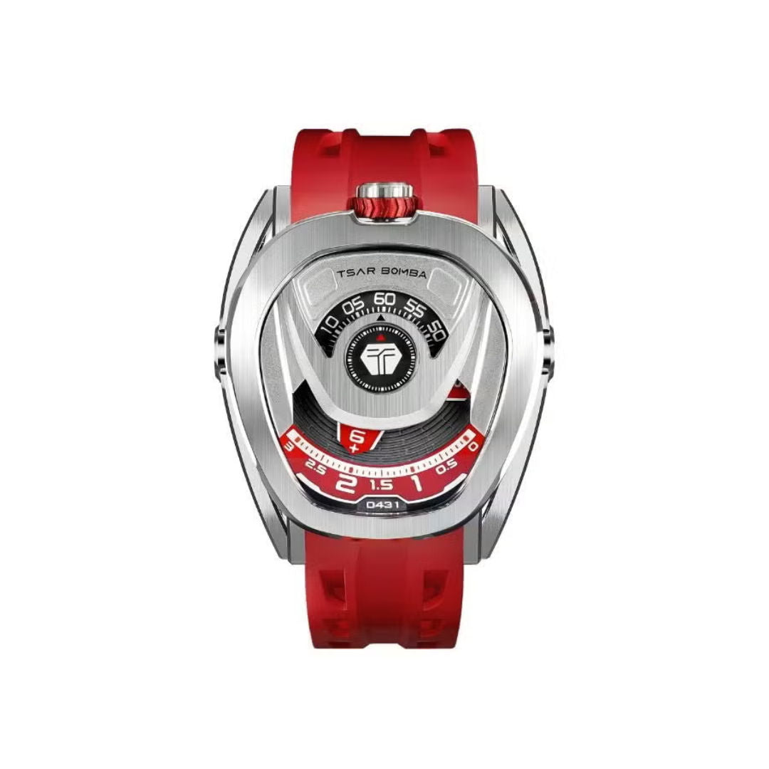 TSAR Bomba Men's FKM Rubber Interchangeable Automatic Silver Case Red Silicon Watch