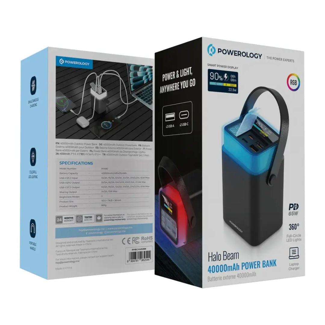 Powerology Halo Beam 40000mAh Power Bank with 65W PD Fast Charging, RGB 360° LED Light & Handle, Black