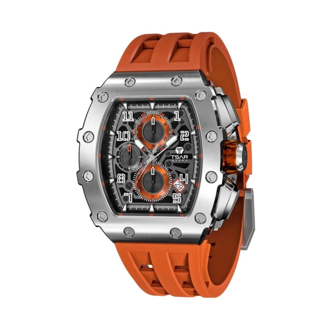 TSAR Bomba Men's Quartz Silver Case Orange Silicon Band Watch