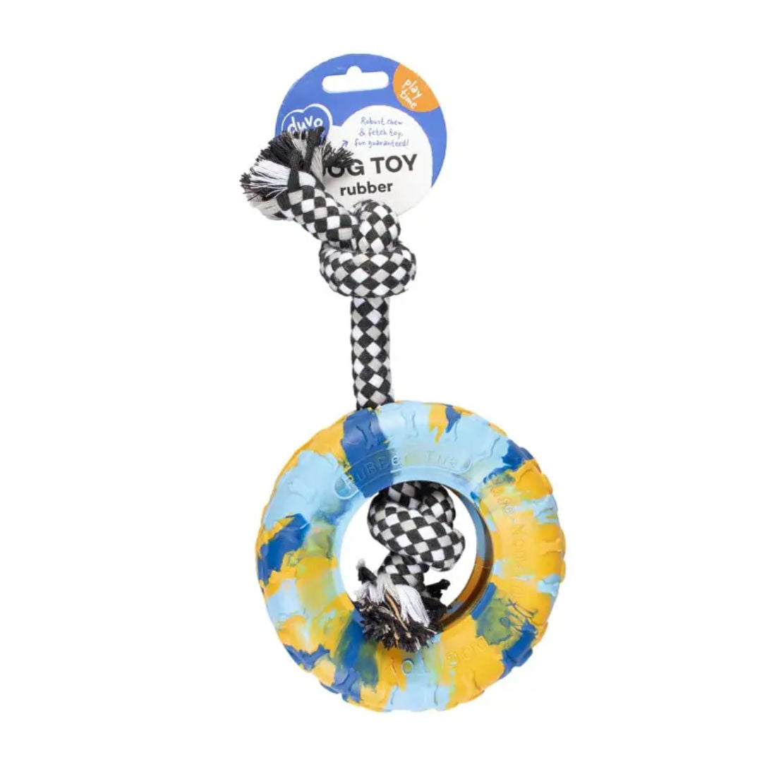 Duvo+ Rubber Tire Smash & Cotton Rope Multicolour Dog Toy