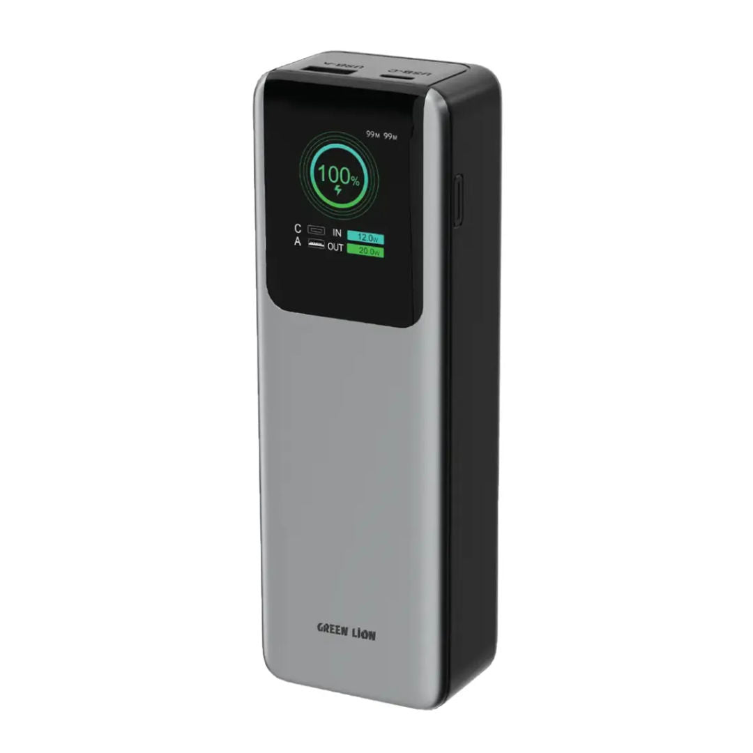 Green Lion Voltura 20000mAh Power Bank PD 100W, USB-C Fast Charging, TFT Display, Grey