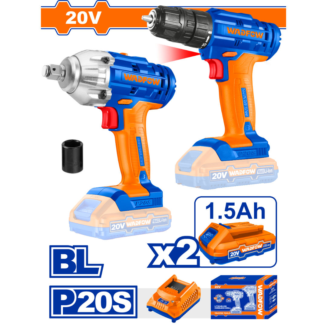 مجموعة أدوات WADFOW 20V المكونة من قطعتين، مثقاب (35 نيوتن متر) + مفتاح ربط صدمي 1/2 بوصة (300 نيوتن متر)